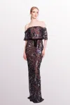 Marchesa Notte Embroidered Off-shoulder Dress In Multi