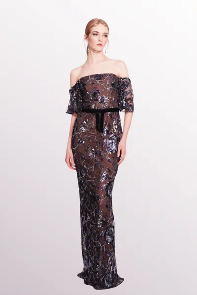 Marchesa Notte Embroidered Off-shoulder Dress In Multi