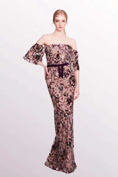 Marchesa Notte Embroidered Off Shoulder Dress In Multi