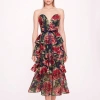 MARCHESA NOTTE EMBROIDERED PLUNGING MIDI DRESS