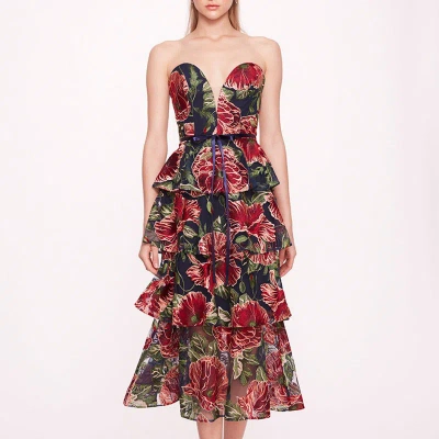 Marchesa Notte Embroidered Plunging Midi Dress In Red