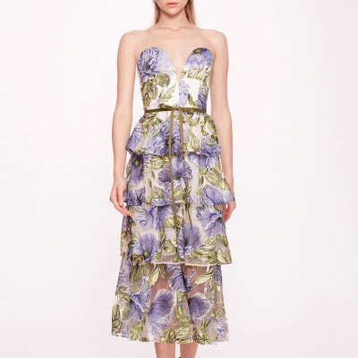 Marchesa Notte Embroidered Plunging Midi Dress In Blue
