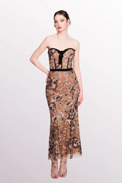 Marchesa Notte Embroidered Strapless Midi-dress In Multi