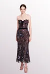 Marchesa Notte Embroidered Strapless-midi Dress In Multi