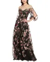 Marchesa Notte Floral Embroidery Long Sleeve Gown In Black