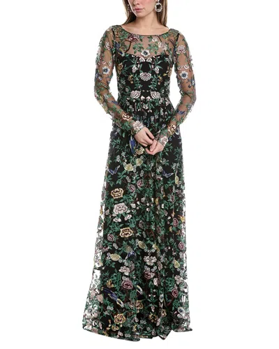Marchesa Notte Embroidery On Tulle Gown In Black