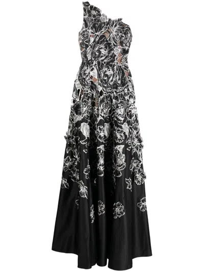 Marchesa Notte Floral-appliqué One-shoulder Dress In Black