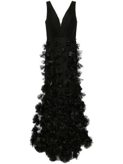 Marchesa Notte Floral-appliqué Tulle Gown In Black