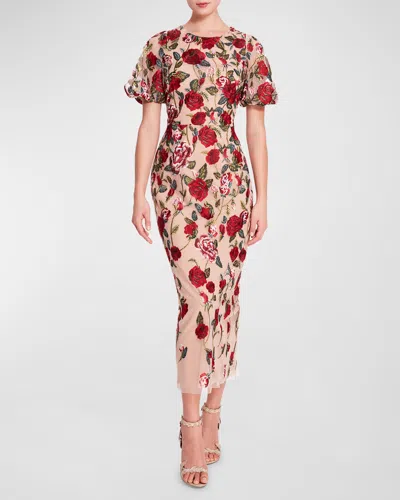 Marchesa Notte Floral-embroidered Bodycon Midi Dress In Multi