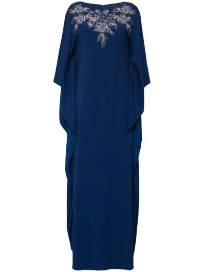 Marchesa Notte Floral-embroidered Crepe Kaftan Dress In Blue
