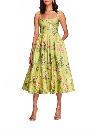 Marchesa Notte Floral Embroidered Dress In Spring Green