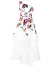 Marchesa Notte Floral-embroidered One-shoulder Tiered Dress In White