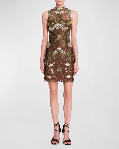 Marchesa Notte Floral-embroidered Tulle Mini Dress In Green