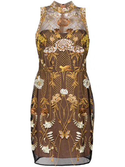 Marchesa Notte High-neck Mirrored Embroidery Dress In Neutral