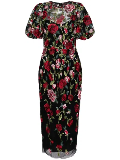 Marchesa Notte Floral-embroidered Tulle-panels Dress In Multi