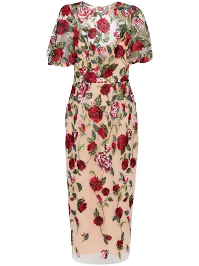 Marchesa Notte Floral-embroidered Tulle-panels Dress In Red
