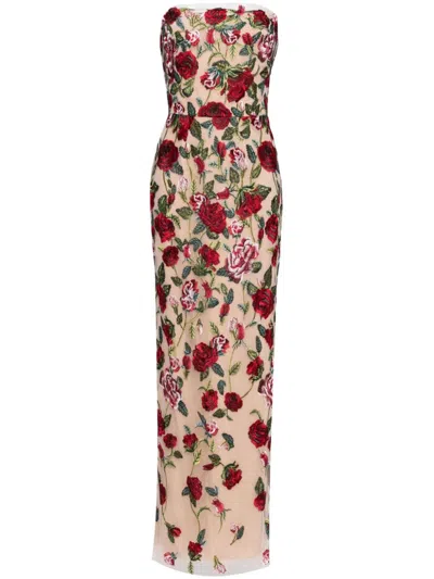 Marchesa Notte Floral-embroidered Tulle-panels Gown In Multi