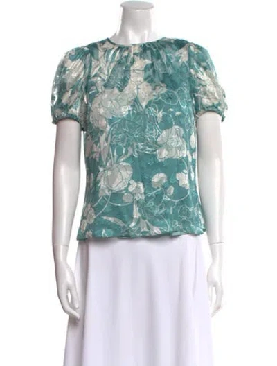 Pre-owned Marchesa Notte Floral Print Crew Neck Blouse W/ Tags In Green