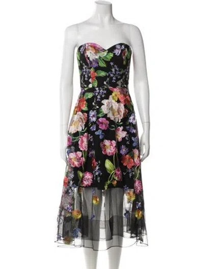 Pre-owned Marchesa Notte Floral Print Knee-length Dress In Black