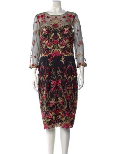 Pre-owned Marchesa Notte Floral Print Knee-length Dress In Black