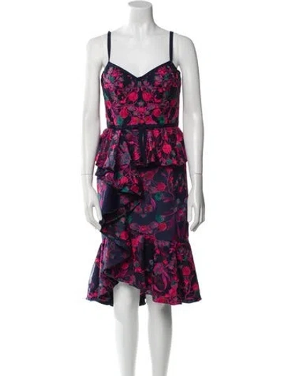 Pre-owned Marchesa Notte Floral Print Knee-length Dress In Blue