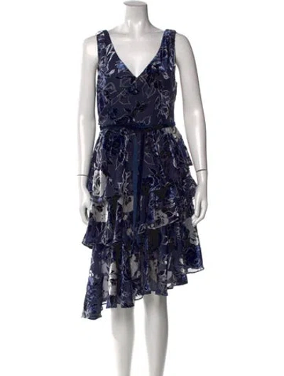 Pre-owned Marchesa Notte Floral Print Knee-length Dress In Blue