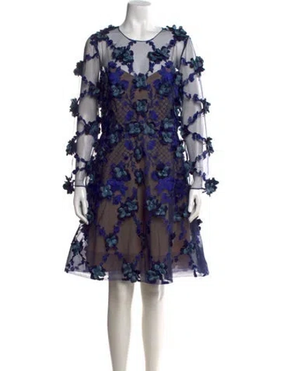 Pre-owned Marchesa Notte Floral Print Knee-length Dress In Blue