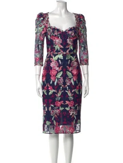 Pre-owned Marchesa Notte Floral Print Knee-length Dress In Blue