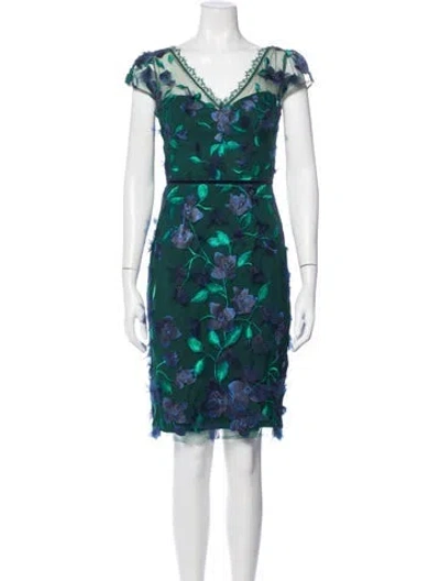 Pre-owned Marchesa Notte Floral Print Knee-length Dress In Green