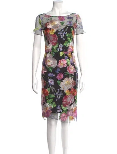 Pre-owned Marchesa Notte Floral Print Knee-length Dress W/ Tags In Black