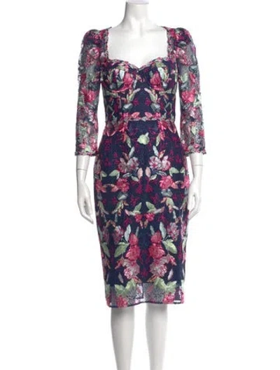 Pre-owned Marchesa Notte Floral Print Knee-length Dress W/ Tags In Blue