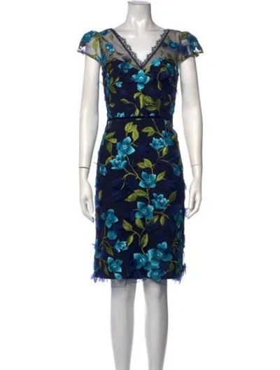 Pre-owned Marchesa Notte Floral Print Knee-length Dress W/ Tags In Blue