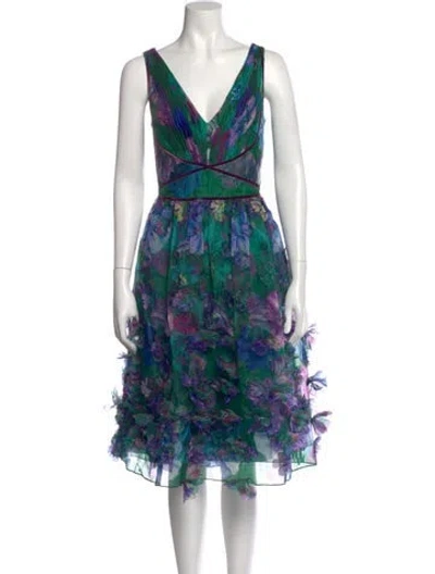 Pre-owned Marchesa Notte Floral Print Knee-length Dress W/ Tags In Green