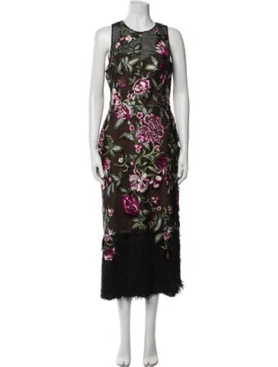 Pre-owned Marchesa Notte Floral Print Long Dress In Black