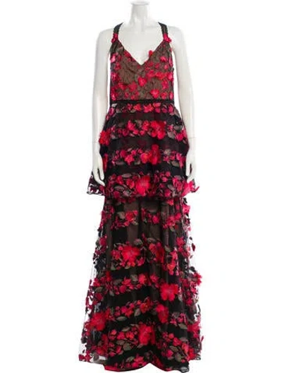 Pre-owned Marchesa Notte Floral Print Long Dress In Black