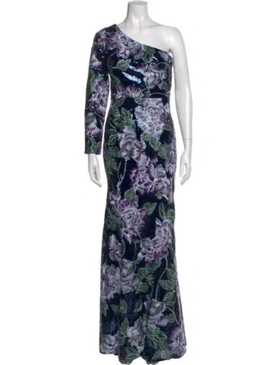 Pre-owned Marchesa Notte Floral Print Long Dress In Black
