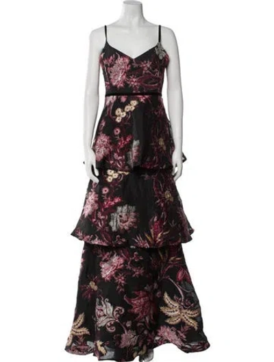 Pre-owned Marchesa Notte Floral Print Long Dress In Black