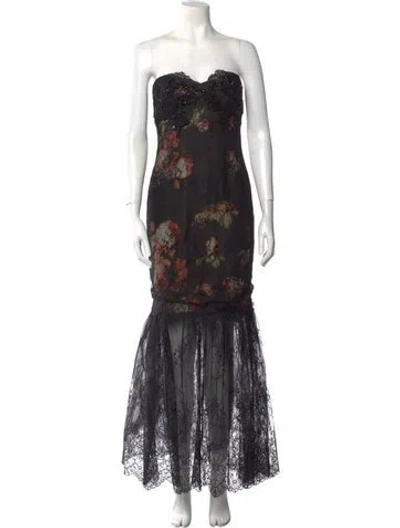 Pre-owned Marchesa Notte Floral Print Long Dress In Black