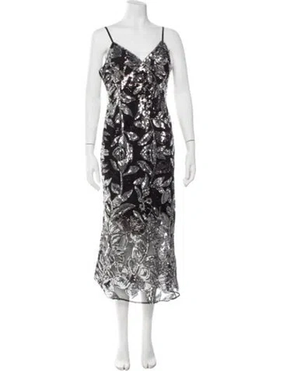 Pre-owned Marchesa Notte Floral Print Long Dress In Black