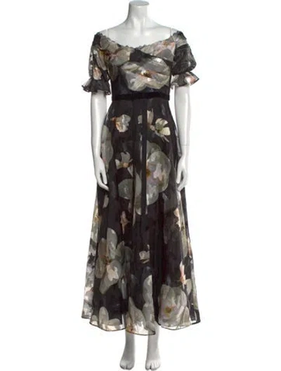 Pre-owned Marchesa Notte Floral Print Long Dress In Black