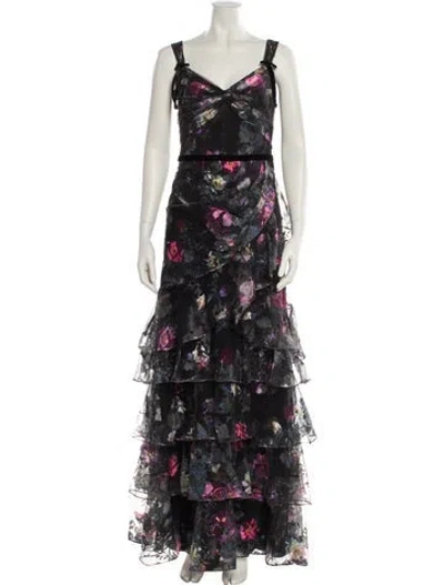 Pre-owned Marchesa Notte Floral Print Long Dress In Black