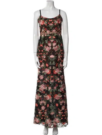 Pre-owned Marchesa Notte Floral Print Long Dress In Black