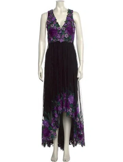Pre-owned Marchesa Notte Floral Print Long Dress In Black
