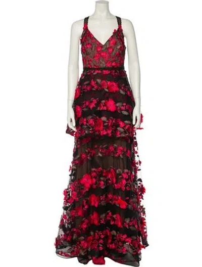 Pre-owned Marchesa Notte Floral Print Long Dress In Black