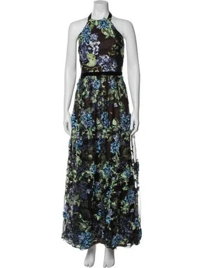 Pre-owned Marchesa Notte Floral Print Long Dress In Black