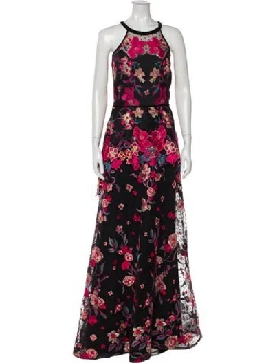 Pre-owned Marchesa Notte Floral Print Long Dress In Black
