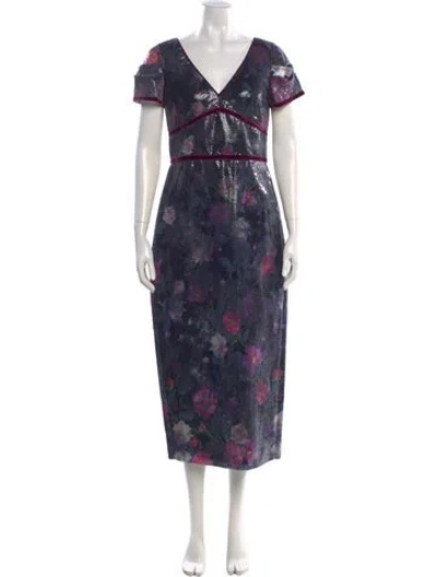 Pre-owned Marchesa Notte Floral Print Long Dress In Black