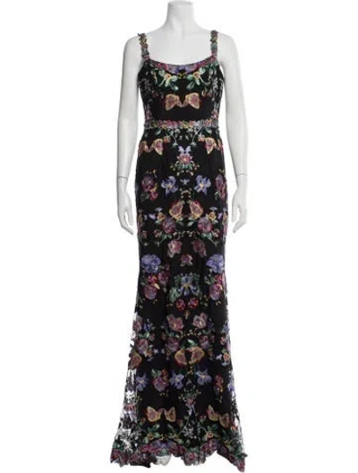 Pre-owned Marchesa Notte Floral Print Long Dress In Black
