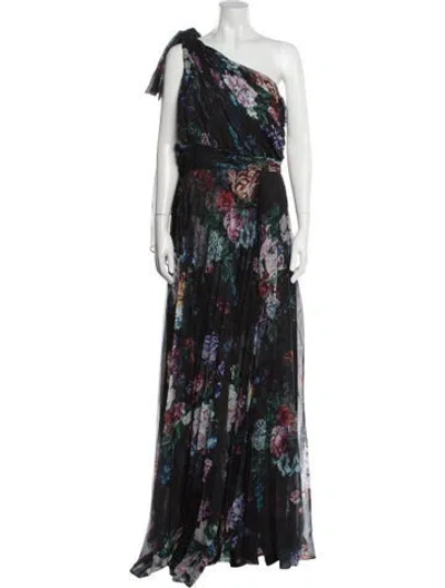 Pre-owned Marchesa Notte Floral Print Long Dress In Black