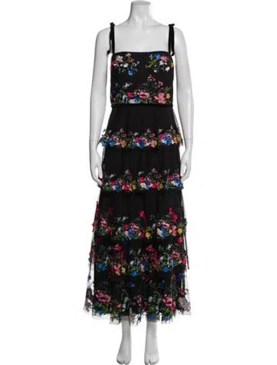 Pre-owned Marchesa Notte Floral Print Long Dress In Black